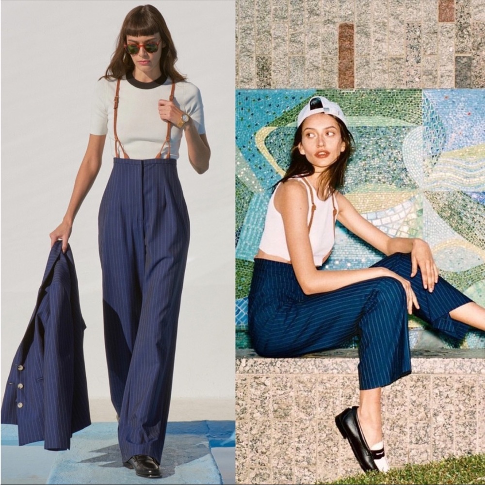 STAUD Blue Pinstripe Straight Leg Pants